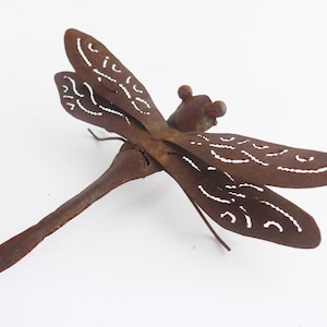 Può includere: Una scultura di libellula in metallo arrugginito con intricati dettagli tagliati sulle ali. La libellula è in posizione di volo con le ali spiegate.