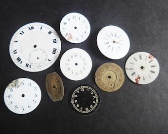 Enamel Watchfaces Antique Vintage 9 Pcs. Lot Pocket Watch Parts Old Watch Parts Steampunk Assemblage Art Jewellery Making