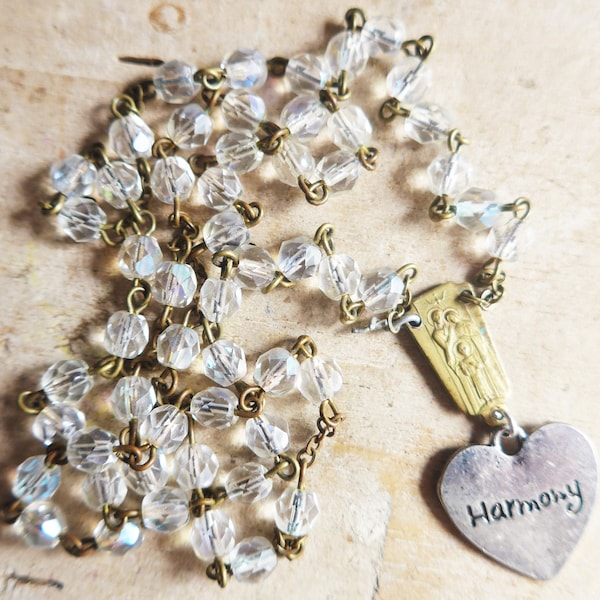 upcycled rosary Harmony affirmation necklace antique glass chrystal rosary Harmony charm necklace handmade upcycled jewellery