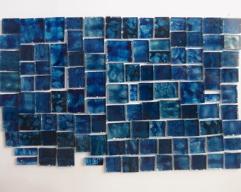 Art Tiles Mosaic Supply Unique Hand Painted Cut Glass 100+ Pieces Vibrant Marbled Deep Dark Blues Indigo Mix Ornamental Glass Mosaic Tiles
