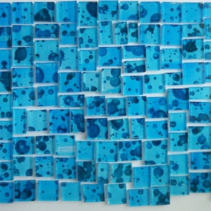 Unique Tile Art Glass Mosaic 100pcs Vibrant  Pacific Ocean Blue With Splashes Dark Blue Hand Painted Unique Mosaic Tiles Eclectic Hand Made