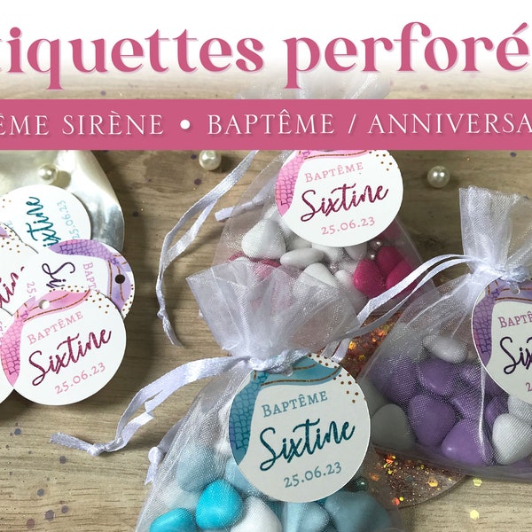 Etiquettes perforées personnalisées pour baptême ou anniversaire, thème sirène