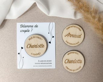 Personalized couple's decision token, Original Valentine's Day gift, Heads or tails for couples, Engraved wooden token