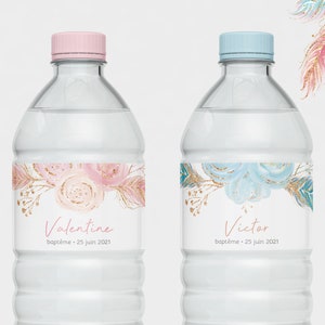Étiquettes bouteille d'eau à personnaliser, baptême, babyshower, naissance, anniversaire, gender reveal, bleu ou rose