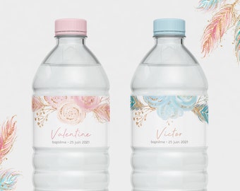 Water bottle labels to customize, baptism, babyshower, birth, birthday, gender reveal, blue or pink