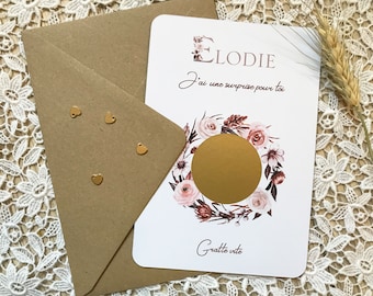 Cartão de raspadinha de anúncio personalizado, pedido de madrinha, anúncio de gravidez, pedido de dama de honra ou testemunha, padrão de flor country