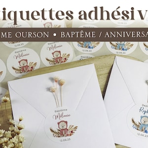 Etiquettes autocollantes personnalisées, thème ourson, stickers pour baptême, anniversaire, baby shower, gender reveal, naissance...