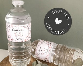 Etiquette bouteille d'eau anniversaire, étiquette à personnaliser, thème floral