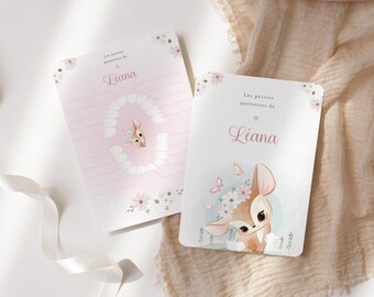 Carte dents bébé, carte quenottes, petite souris, motif petite biche fleurs et papillons