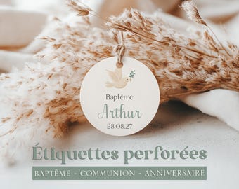 Étiquettes perforées personnalisés pour enfant - Baptême, Communion, Anniversaire - Taille et modèle au choix
