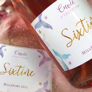 Étiquette de bouteille personnalisée pour baptême ou anniversaire, thème sirène