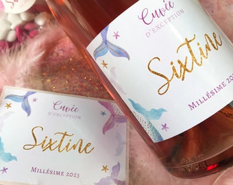 Étiquette de bouteille personnalisée pour baptême ou anniversaire, thème sirène