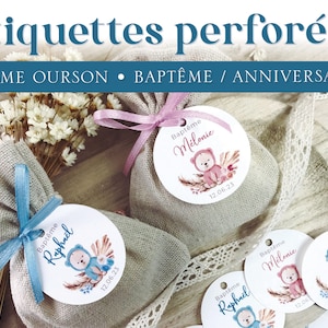 Etiquettes perforées personnalisées pour baptême, anniversaire, naissance, gender reveal, baby shower, thème ourson
