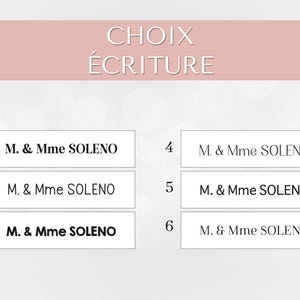 May include: A white sheet of paper with the text "CHOIX &Eacute;CRITURE" at the top. There are six numbered boxes, each containing the text "M. & Mme SOLENO".