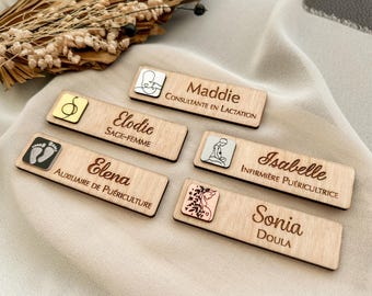 Personalized badge Midwife, Childcare worker, Doula... Magnetic wooden name plate - Name badge with various designs: baby, pregnant woman...