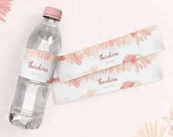 Water bottle labels to personalize, pampa boho pattern, birthday decoration, wedding, baptism, babyshower, EVJF...