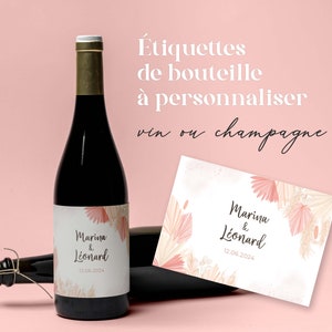 Etiquettes de bouteille de vin ou champagne à personnaliser, motif pampa rose, décoration anniversaire, mariage, baptême, babyshower, EVJF