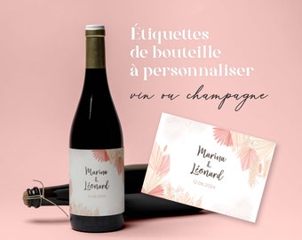 Personalized wine or champagne bottle labels, pink pampas grass design, perfect for birthdays, weddings, baptisms, baby showers, and bachelorette parties.