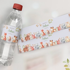 Etiquettes bouteille d'eau à personnaliser, thème animaux de la forêt, décoration anniversaire, baptême, babyshower...