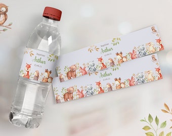 Rótulos de garrafas de água para personalizar, tema animais da floresta, decoração de aniversário, batizado, chá de bebê...