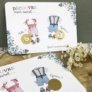 Carte à gratter annonce fille ou garçon, gender reveal, découverte sexe bébé