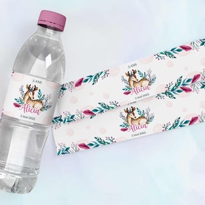 Etiquettes bouteille d'eau à personnaliser, thème biche, décoration anniversaire, baptême, babyshower...