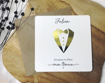 Personalized man's witness request card, card with gilding, wedding groomsman, suit pattern