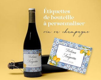 Personalized wine or champagne bottle labels, Dolce Vita lemon motif, birthday decoration, wedding, baptism, baby shower, bachelorette party