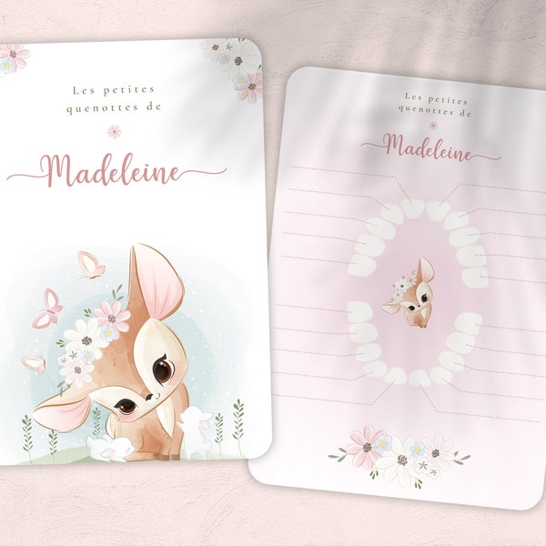 Carte dents bébé, carte quenottes, petite souris, motif petite biche fleurs et papillons