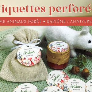 Etiquettes perforées personnalisées pour baptême, naissance, babyshower ou anniversaire, thème animaux de la fôret