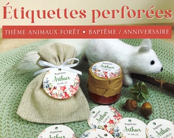 Etiquetas perfuradas personalizadas para batismo, nascimento, chá de bebê ou aniversário, tema animal da floresta