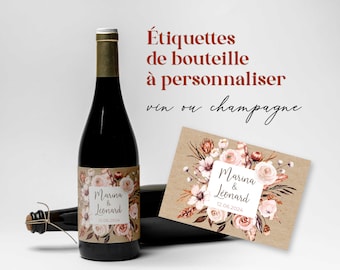 Rótulos de garrafas de vinho ou champanhe para personalizar, padrão country com efeito kraft, decoração de aniversário, casamento, batismo, EVJF