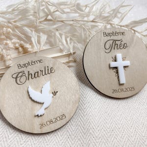 Personalisierter Holzmagnet, Gastgeschenk zur Taufe oder Kommunion, Motiv Kreuz oder Taube, Gravierter Holzmagnet