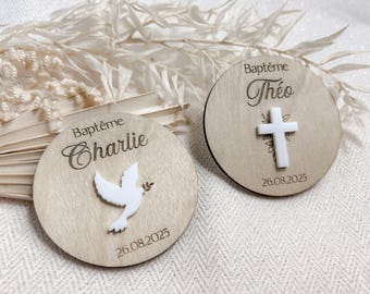 Personalized wooden magnet, Baptism and communion party favor, Cross or dove design, Engraved wood magnet