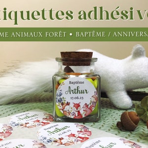 Etiquettes autocollantes personnalisées, thème animaux de la forêt, stickers pour baptême, anniversaire, babyshower, naissance...