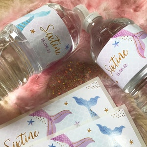 Etiquettes bouteille d'eau à personnaliser, thème sirène, décoration table anniversaire ou baptême