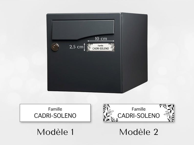 May include: Two different designs for a mailbox label. The first design is a simple white label with black text that reads "Famille CADRI-SOLENO". The second design is a white label with black text that reads "Famille CADRI-SOLENO" and a black floral design.