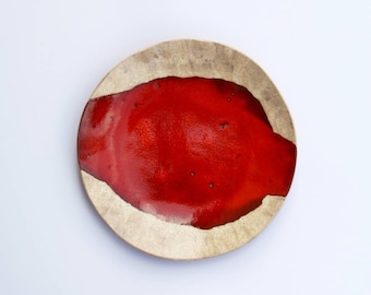 Assiette en céramique, assiette en grès rouge et beige faite à la main à partir d'argile orange, assiette à gâteau, vaisselle en poterie polonaise, céramique