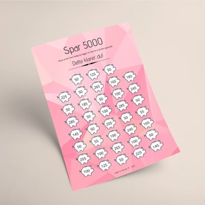 Puede incluir: Tabla de ahorro rosa con el texto "Spar 5000 Dette klarer du!" e ilustraciones de cerditos. La tabla tiene espacios con cantidades como 50, 125 y 265, diseñada para ayudar a ahorrar dinero.