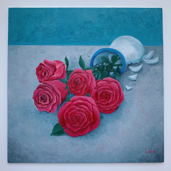 Fractured, Oil on canvas, 30 x 30 cm (12”x12”), Roses, Vase, OOAK, Perfect Gift