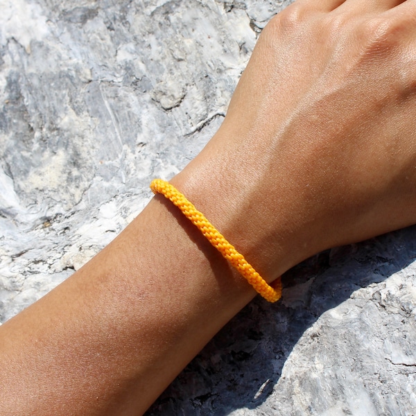 Handmade Gold Braided Waxed Cotton Narrow Wristband | Thai-Inspired Buddhist Woven Bracelet | Friendship Luck Love Peace Protection Gift
