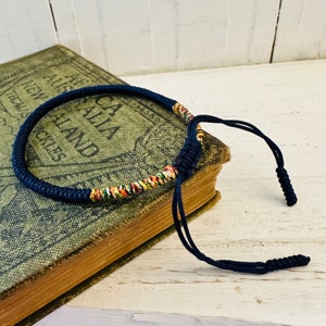 Handmade Navy Blue Knotted Bracelet, Braided Boho Wristband, Tibetan Mantra Knot, Adjustable Unisex Friendship Band, Energy Luck Love Unity