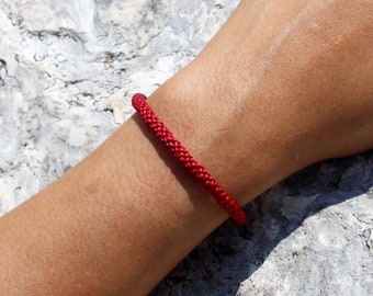 Handmade Red Braided Waxed Cotton Narrow Wristband | Thai-Inspired Buddhist Woven Bracelet | Friendship Luck Love Protection Gift