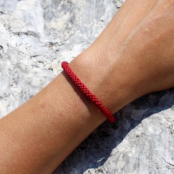 Handmade Red Braided Waxed Cotton Narrow Wristband | Thai-Inspired Buddhist Woven Bracelet | Friendship Luck Love Protection Gift