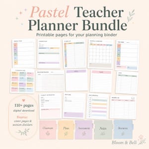 Könnte beinhalten: Pastellfarbenes Lehrerplaner-Bundle mit druckbaren Seiten. Der Planer enthält Wochenpläne, Unterrichtspläne, Klassenlisten und Monatsübersichten. Das Bundle umfasst über 110 Seiten und digitale Downloads, mit Bonus-Deckblättern und Registerteilern.