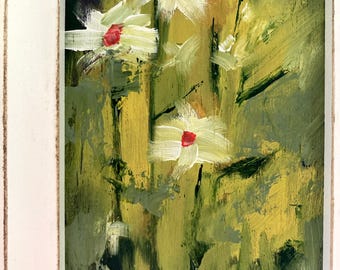 Pintura al óleo original enmarcada de margaritas blancas - Óleo sobre tabla - No es una impresión