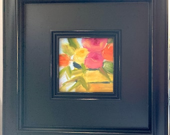 Pintura al óleo original enmarcada de flores brillantes en una jarra de cerámica italiana, marco de madera maciza.