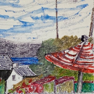 Red Umbrella by the Sea, Original Monotype Artwork, One of a Kind