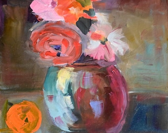 Pintura al óleo original enmarcada de flores en una maceta, según Gaugain