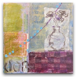 008 - Originele monoprint - Bloemen in een vaas - Papier (vintage postzegels, kaarten) - Verf - Gemengde techniek op aquabord met houder voor houder